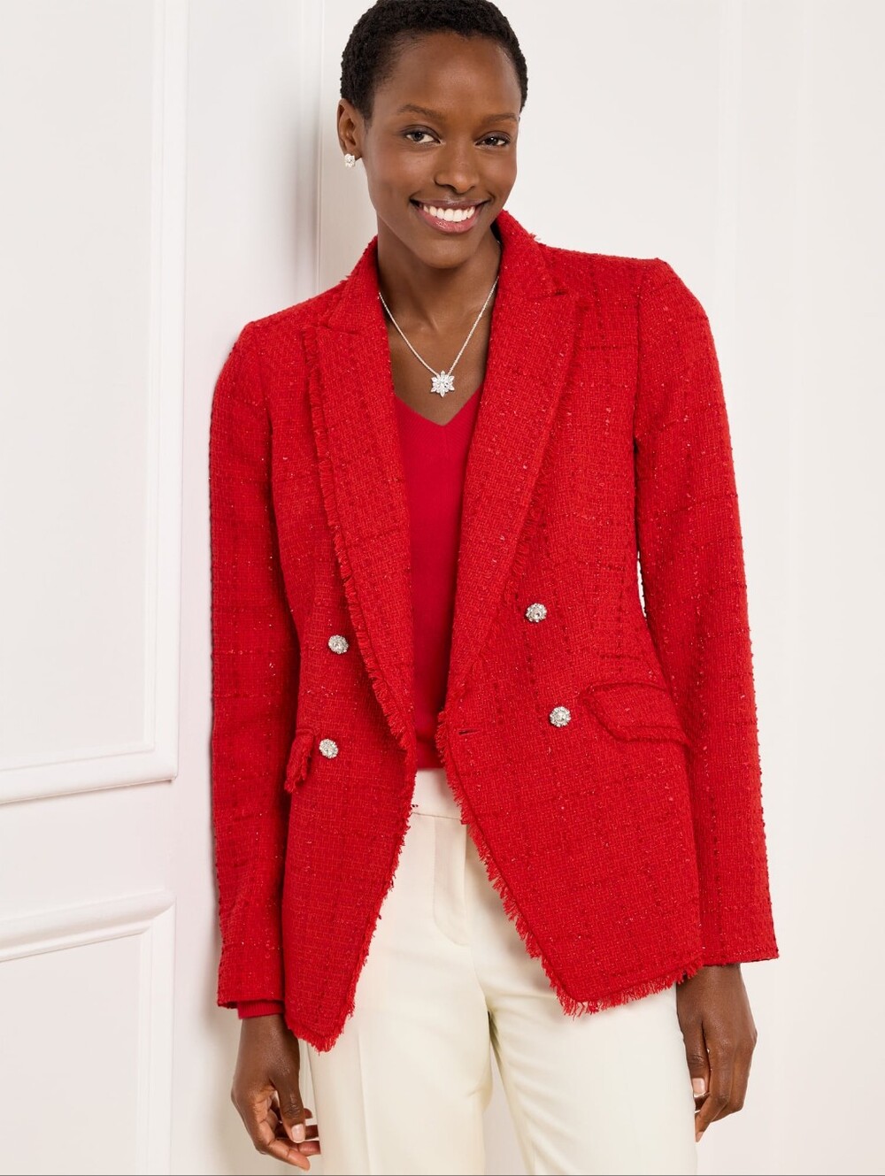 Talbots Metallic Fringe Tweed Double Breasted Blazer Red Size 8P Petite